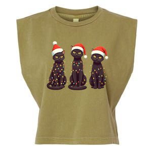 Cute Black Cat Santa Christmas Lights Cat Kitty Pajamas Xmas Cool Gift Garment-Dyed Women's Muscle Tee