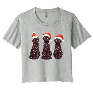 Cute Black Cat Santa Christmas Lights Cat Kitty Pajamas Xmas Cool Gift Women's Crop Top Tee