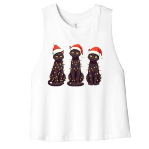 Cute Black Cat Santa Christmas Lights Cat Kitty Pajamas Xmas Cool Gift Women's Racerback Cropped Tank