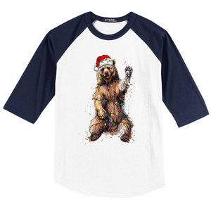 Cute bear Christmas Lights Santa Hat Merry Christmas Baseball Sleeve Shirt