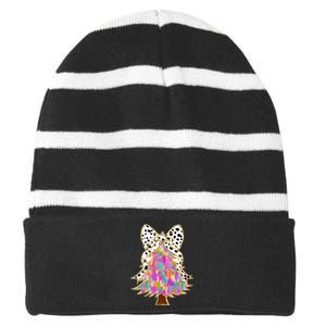 Coquette Bow Christmas Tree Winter Xmas Striped Beanie with Solid Band