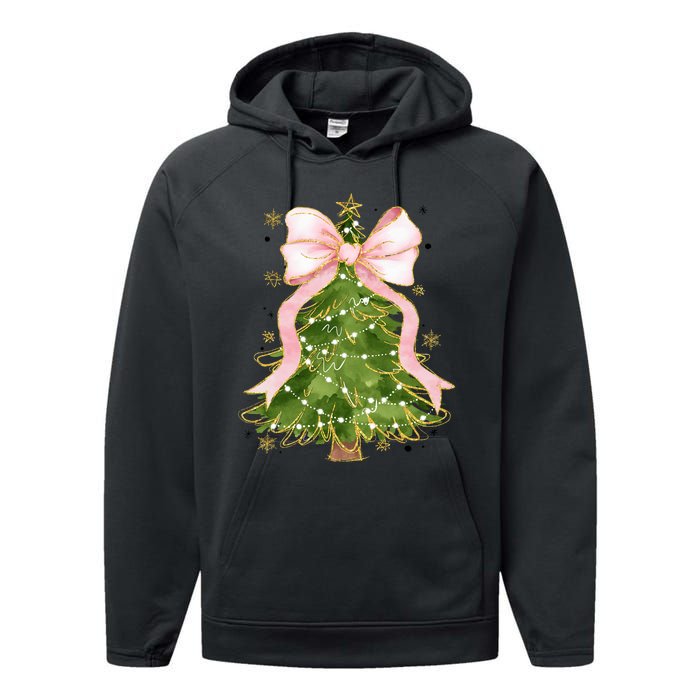 Coquette Bow Christmas Tree Xmas Holiday Outfit Performance Fleece Hoodie