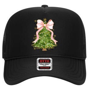 Coquette Bow Christmas Tree Xmas Holiday Outfit High Crown Mesh Back Trucker Hat