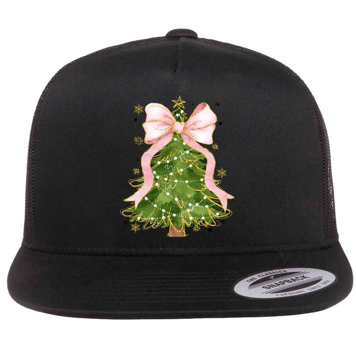 Coquette Bow Christmas Tree Xmas Holiday Outfit Flat Bill Trucker Hat