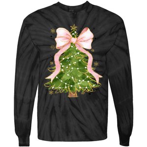 Coquette Bow Christmas Tree Xmas Holiday Outfit Tie-Dye Long Sleeve Shirt