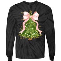 Coquette Bow Christmas Tree Xmas Holiday Outfit Tie-Dye Long Sleeve Shirt