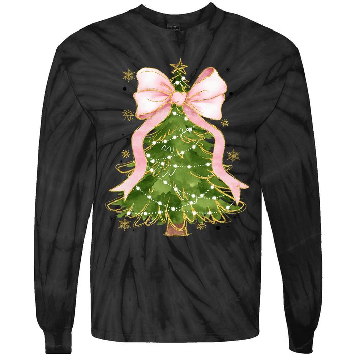 Coquette Bow Christmas Tree Xmas Holiday Outfit Tie-Dye Long Sleeve Shirt