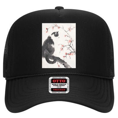 Cherry Blossom Cat Japanese Graphical Art Ink Style High Crown Mesh Back Trucker Hat