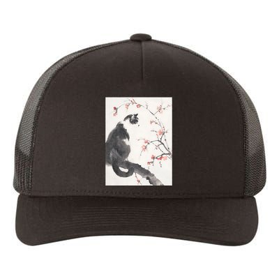 Cherry Blossom Cat Japanese Graphical Art Ink Style Yupoong Adult 5-Panel Trucker Hat