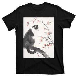 Cherry Blossom Cat Japanese Graphical Art Ink Style T-Shirt