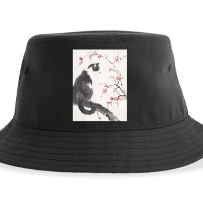 Cherry Blossom Cat Japanese Graphical Art Ink Style Sustainable Bucket Hat