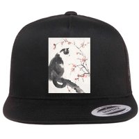 Cherry Blossom Cat Japanese Graphical Art Ink Style Flat Bill Trucker Hat