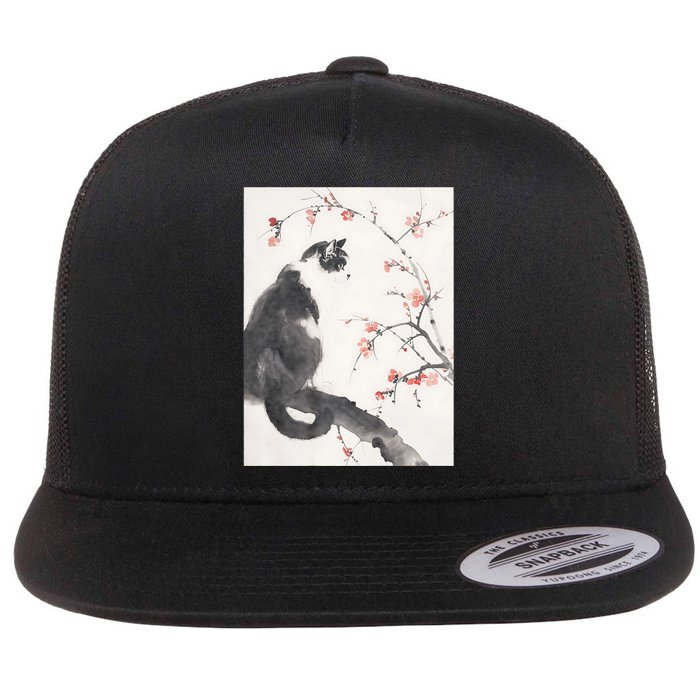 Cherry Blossom Cat Japanese Graphical Art Ink Style Flat Bill Trucker Hat