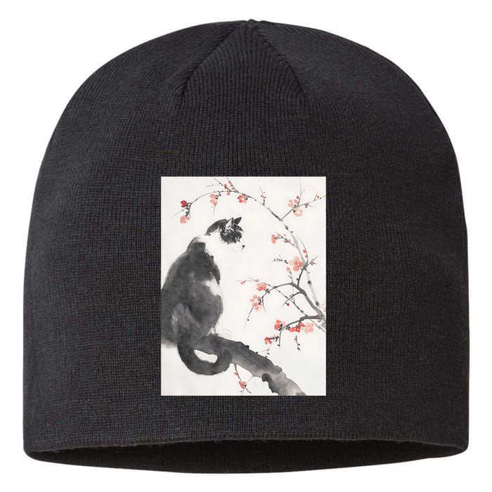 Cherry Blossom Cat Japanese Graphical Art Ink Style Sustainable Beanie