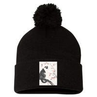 Cherry Blossom Cat Japanese Graphical Art Ink Style Pom Pom 12in Knit Beanie