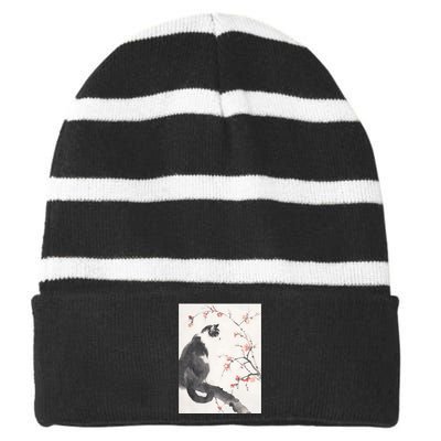 Cherry Blossom Cat Japanese Graphical Art Ink Style Striped Beanie with Solid Band