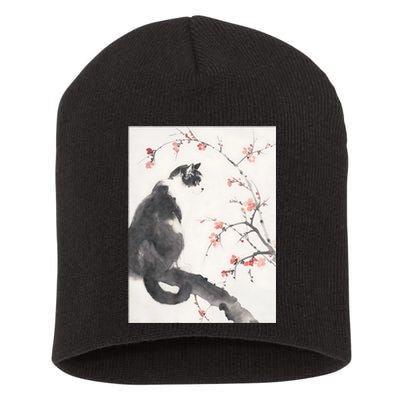 Cherry Blossom Cat Japanese Graphical Art Ink Style Short Acrylic Beanie