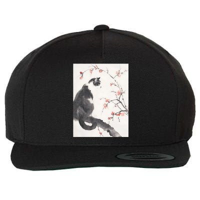 Cherry Blossom Cat Japanese Graphical Art Ink Style Wool Snapback Cap