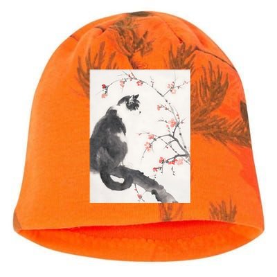 Cherry Blossom Cat Japanese Graphical Art Ink Style Kati - Camo Knit Beanie