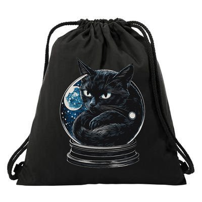 Cosmic Black Cat Crystal Globe Drawstring Bag