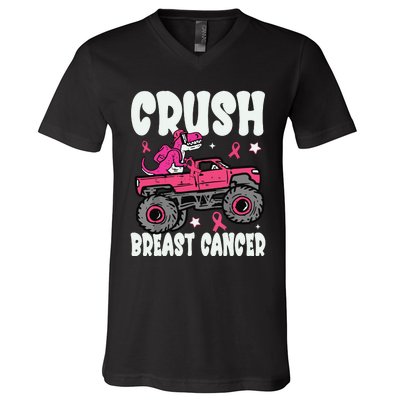 Crush Breast Cancer Dinosaur Truck Awareness V-Neck T-Shirt