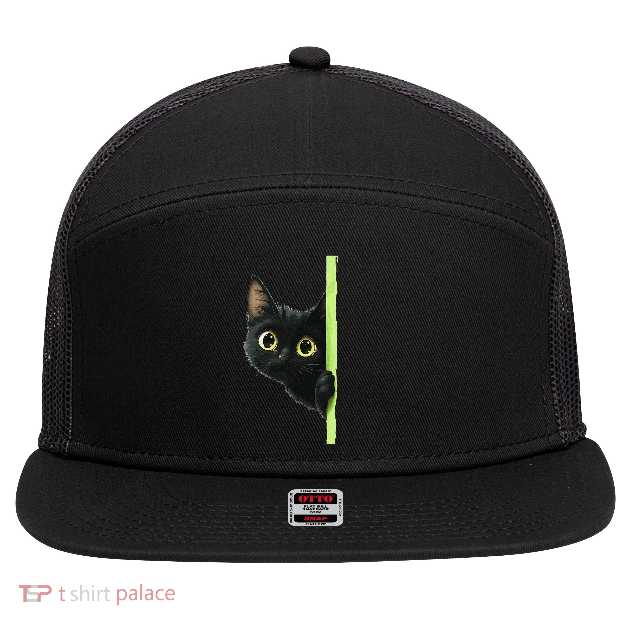 Cute Black Cat Peeking Curious Kitten 1 7 Panel Mesh Trucker Snapback Hat