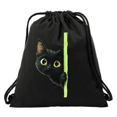 Cute Black Cat Peeking Curious Kitten 1 Drawstring Bag