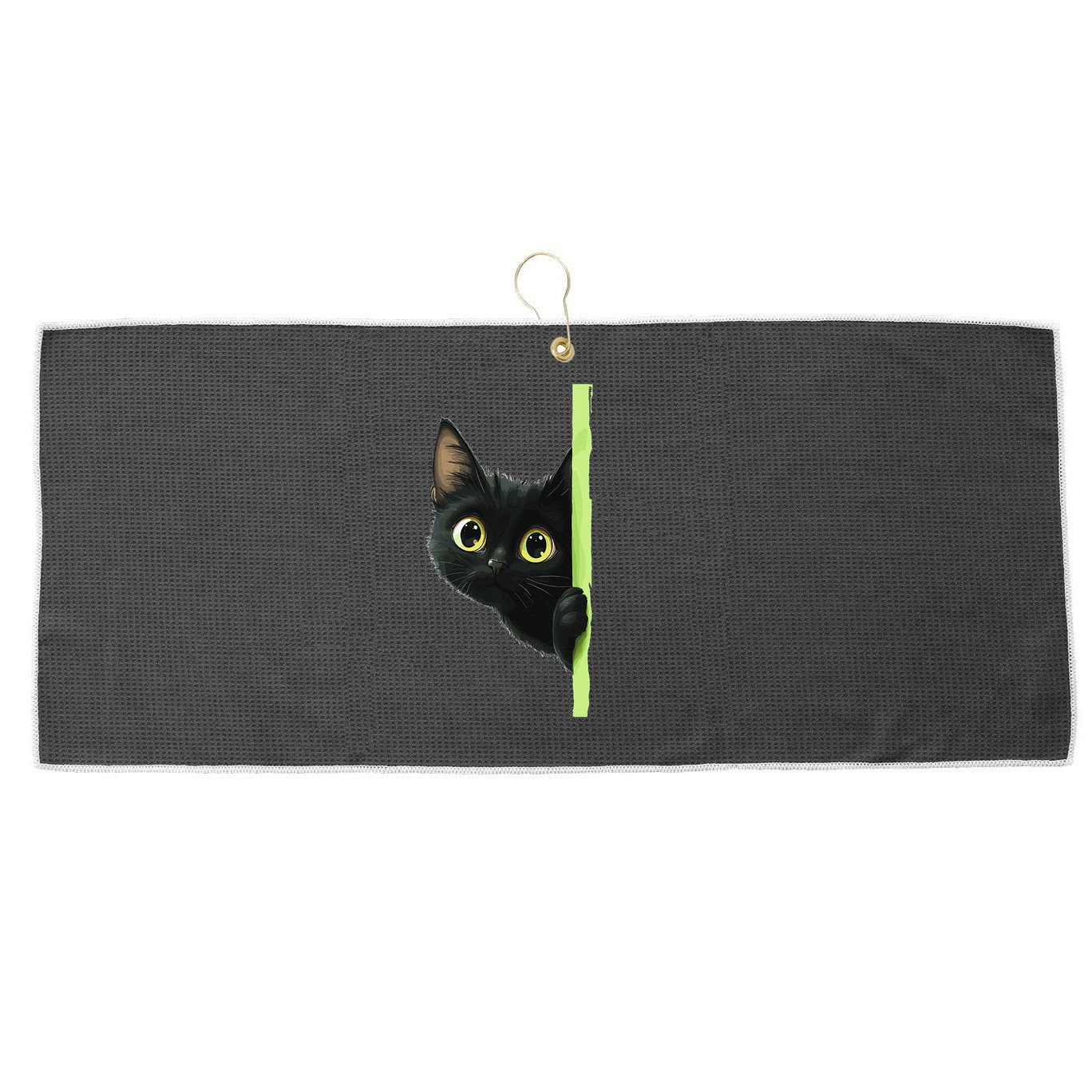 Cute Black Cat Peeking Curious Kitten 1 Large Microfiber Waffle Golf Towel