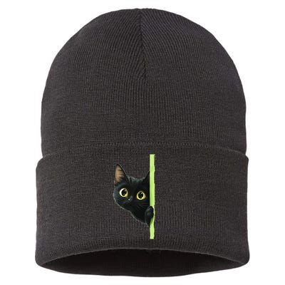 Cute Black Cat Peeking Curious Kitten 1 Sustainable Knit Beanie
