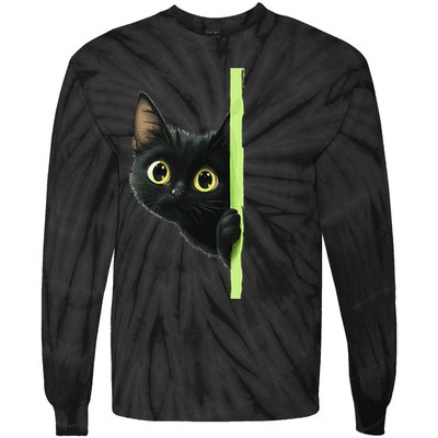 Cute Black Cat Peeking Curious Kitten 1 Tie-Dye Long Sleeve Shirt