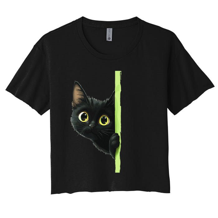 Cute Black Cat Peeking Curious Kitten 1 Women's Crop Top Tee