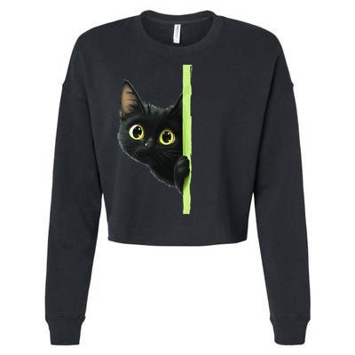 Cute Black Cat Peeking Curious Kitten 1 Cropped Pullover Crew