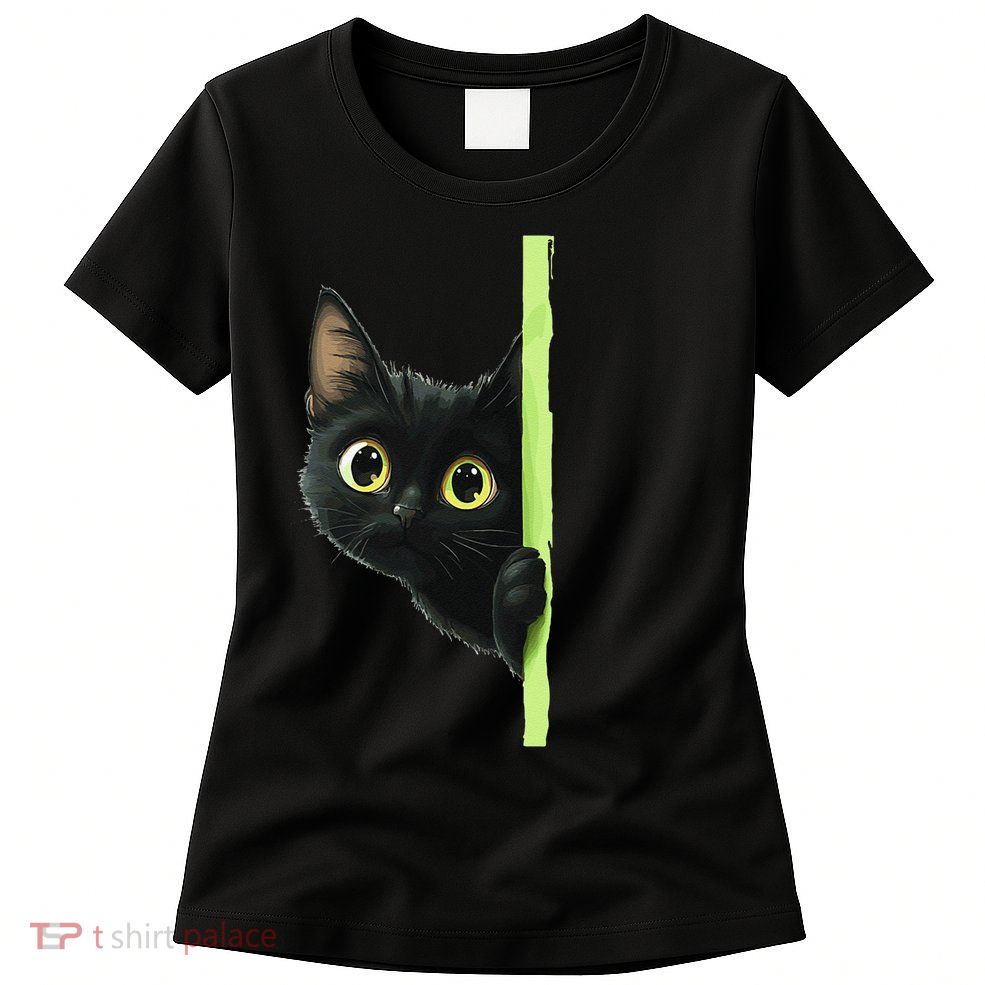 Cute Black Cat Peeking Curious Kitten 1 Womens T-Shirt
