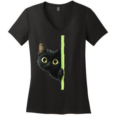 Cute Black Cat Peeking Curious Kitten 1 Women's V-Neck T-Shirt