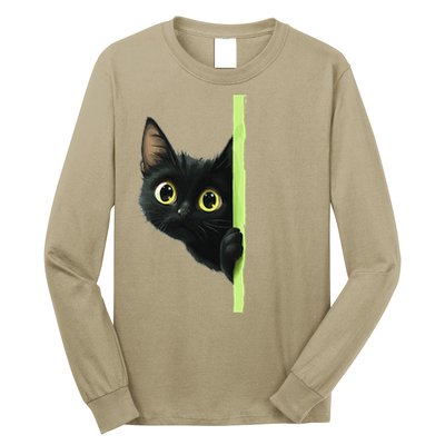 Cute Black Cat Peeking Curious Kitten 1 Long Sleeve Shirt