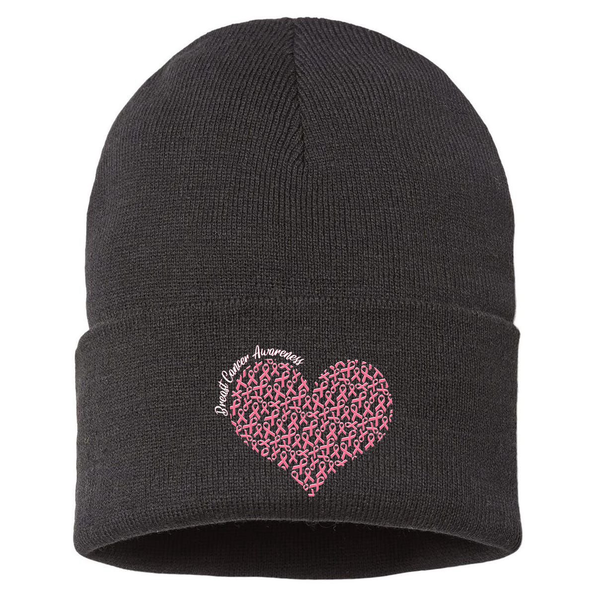Cute Breast Cancer Awareness Ribbon Pattern Heart Sustainable Knit Beanie