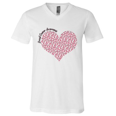 Cute Breast Cancer Awareness Ribbon Pattern Heart V-Neck T-Shirt