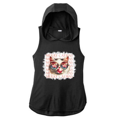 Cute Black Cat Funny Meowy Christmas Light Xmas Holiday Ladies PosiCharge Tri-Blend Wicking Draft Hoodie Tank