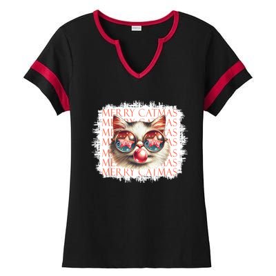 Cute Black Cat Funny Meowy Christmas Light Xmas Holiday Ladies Halftime Notch Neck Tee