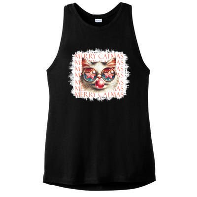 Cute Black Cat Funny Meowy Christmas Light Xmas Holiday Ladies PosiCharge Tri-Blend Wicking Tank