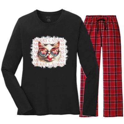 Cute Black Cat Funny Meowy Christmas Light Xmas Holiday Women's Long Sleeve Flannel Pajama Set 