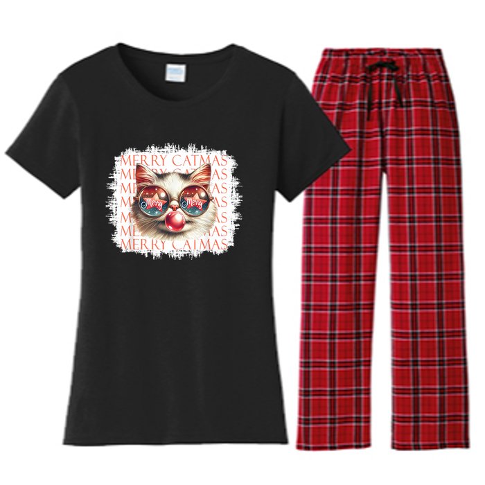 Cute Black Cat Funny Meowy Christmas Light Xmas Holiday Women's Flannel Pajama Set