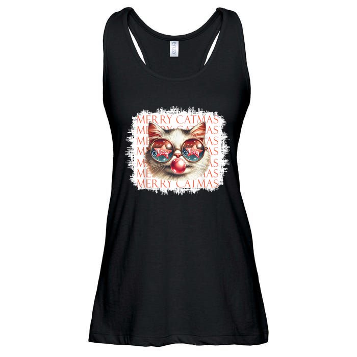 Cute Black Cat Funny Meowy Christmas Light Xmas Holiday Ladies Essential Flowy Tank