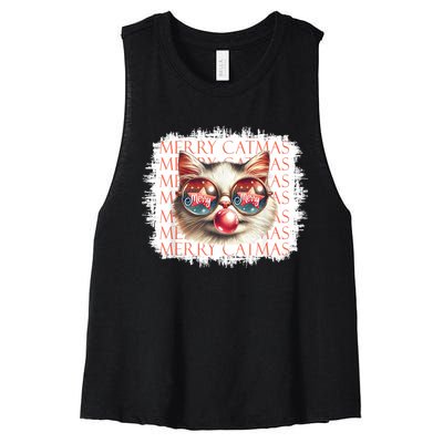 Cute Black Cat Funny Meowy Christmas Light Xmas Holiday Women's Racerback Cropped Tank