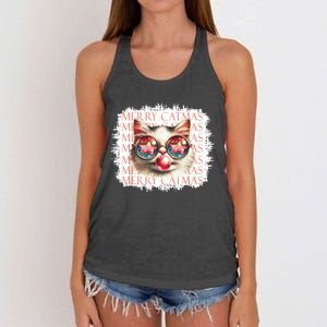 Cute Black Cat Funny Meowy Christmas Light Xmas Holiday Women's Knotted Racerback Tank