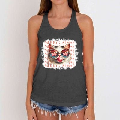 Cute Black Cat Funny Meowy Christmas Light Xmas Holiday Women's Knotted Racerback Tank