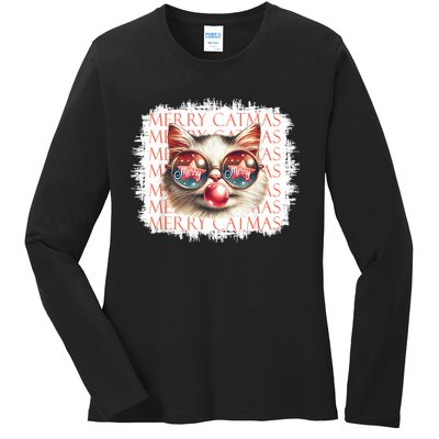 Cute Black Cat Funny Meowy Christmas Light Xmas Holiday Ladies Long Sleeve Shirt