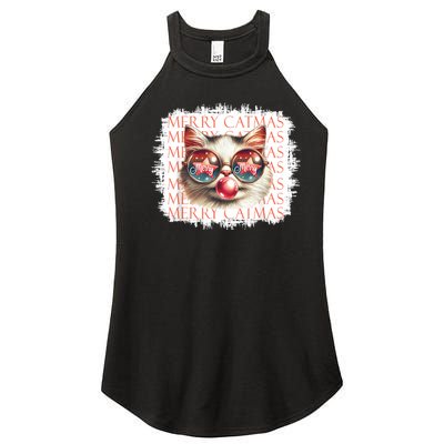 Cute Black Cat Funny Meowy Christmas Light Xmas Holiday Women's Perfect Tri Rocker Tank