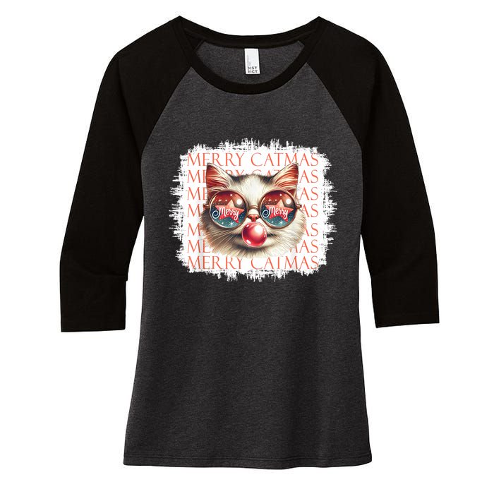 Cute Black Cat Funny Meowy Christmas Light Xmas Holiday Women's Tri-Blend 3/4-Sleeve Raglan Shirt