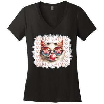 Cute Black Cat Funny Meowy Christmas Light Xmas Holiday Women's V-Neck T-Shirt